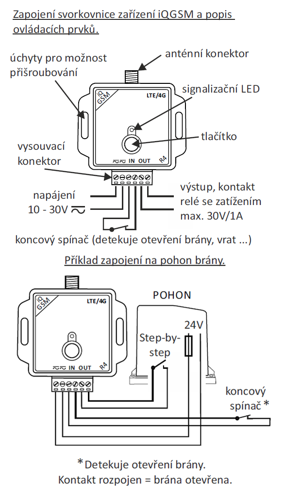 Napájanie GSM modulu. Spôsob zapojenia GSM modulu iQGSM-R4 (4G sieť) do pohonu posuvnej brány.
