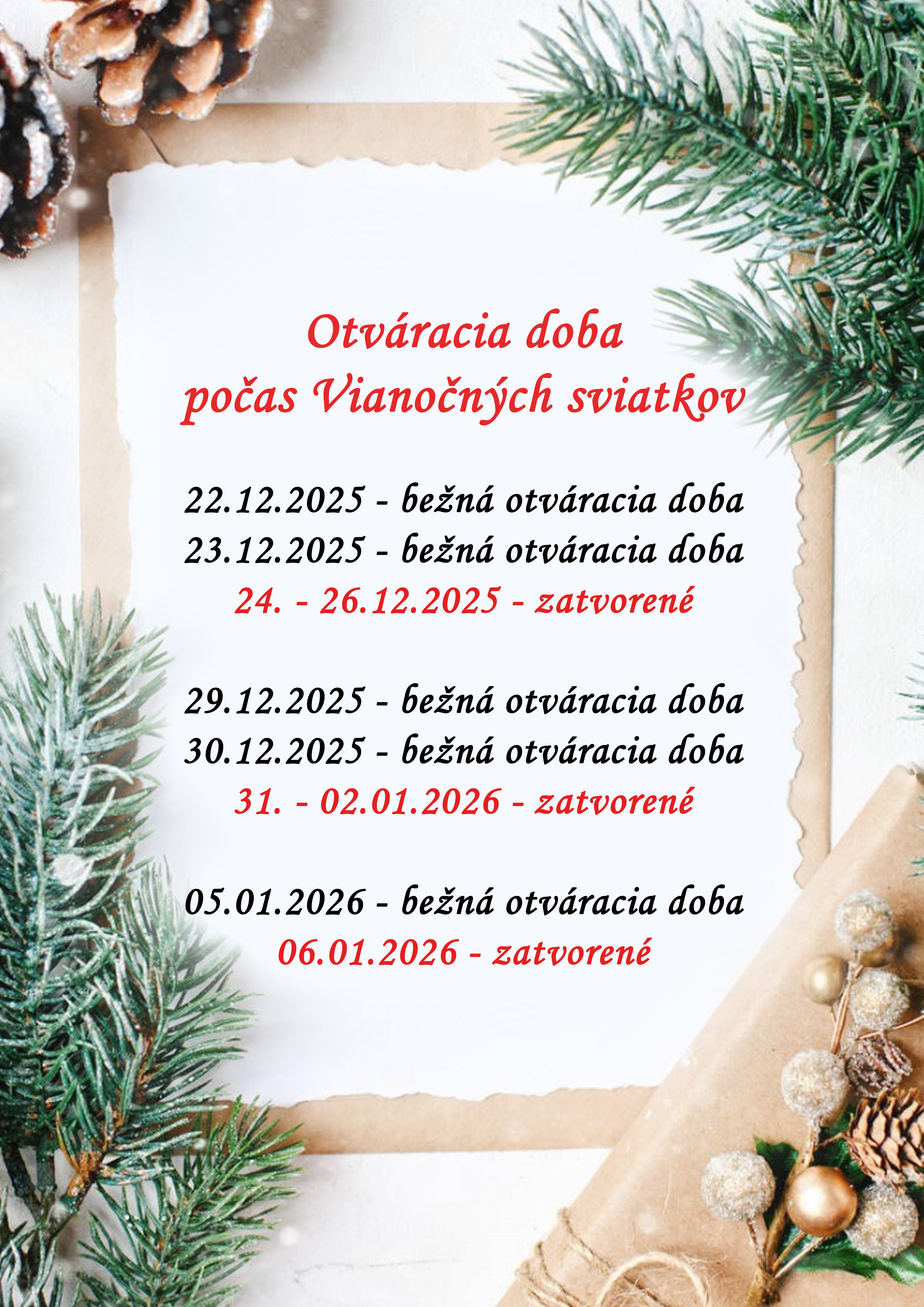 Posuvné Brány - Otváracia doba počas Vianočných sviatkov