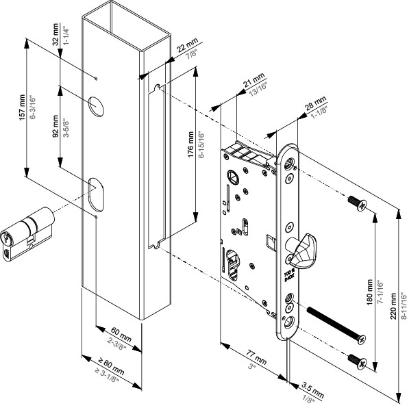 Montážny výkres zámku EIGHTYLOCK-S s odskokom 60 mm a zapustením 77 mm