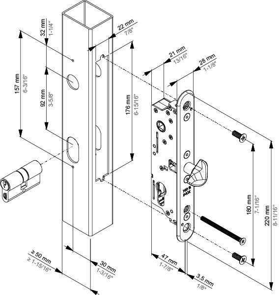 Montážny výkres zámku FIFTYLOCK-S s odskokom 30 mm a zapustením 47 mm
