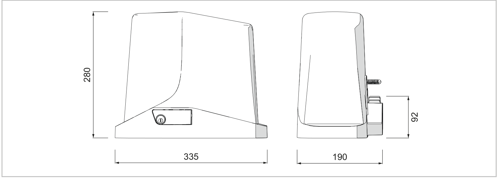 Rozmery TURBO S: 335 × 190 × 280 mm; poloha pastorka 92 mm