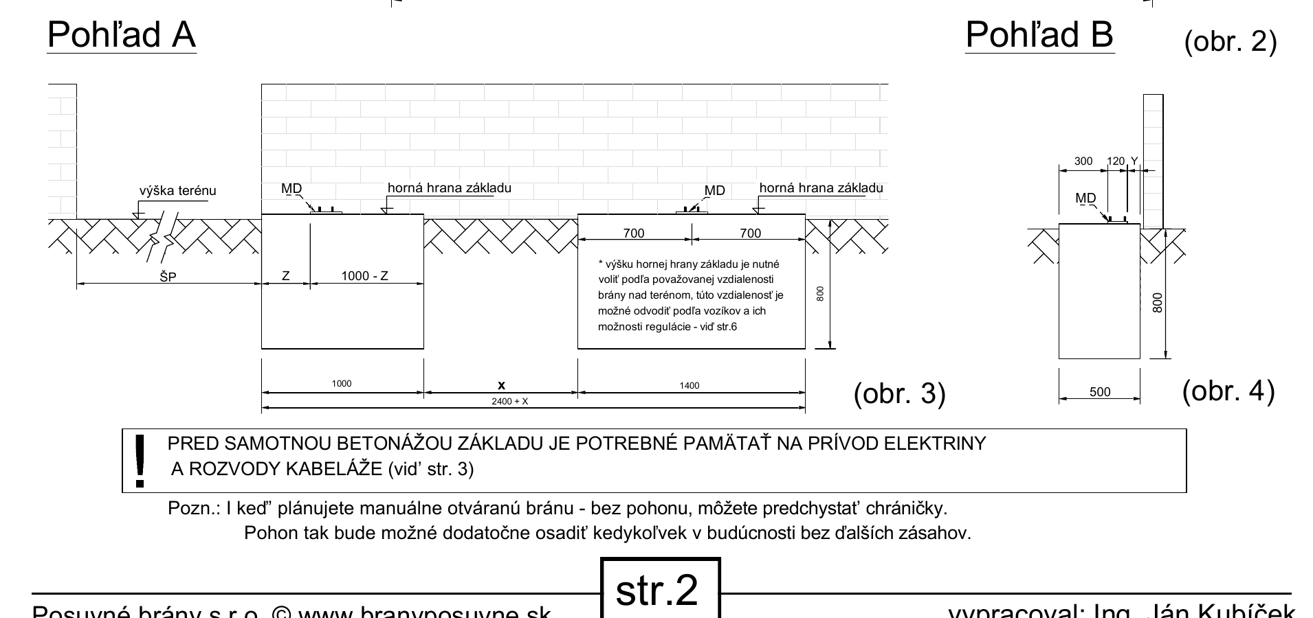 Pohľad A a pohľad B na dvojicu betónových základov s minimálnou šírkou 500 milimetrov, hĺbkou 800 milimetrov a polohou montážnych dosiek