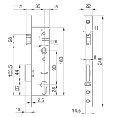 Zámok do bránky s nerezovou lištou pre zapustenie 50mm, ZZ-17